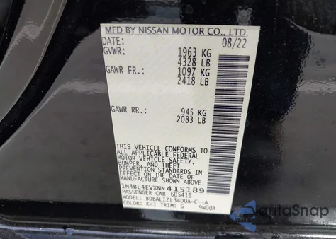 2022 Nissan Altima Sl Fwd z USA, uszkodzony, nr VIN 1N4BL4EVXNN415189